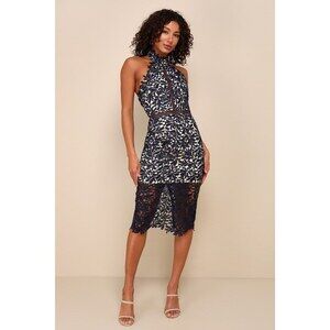 Lulus Divine Destiny Navy Blue Lace Midi Dress - Size M